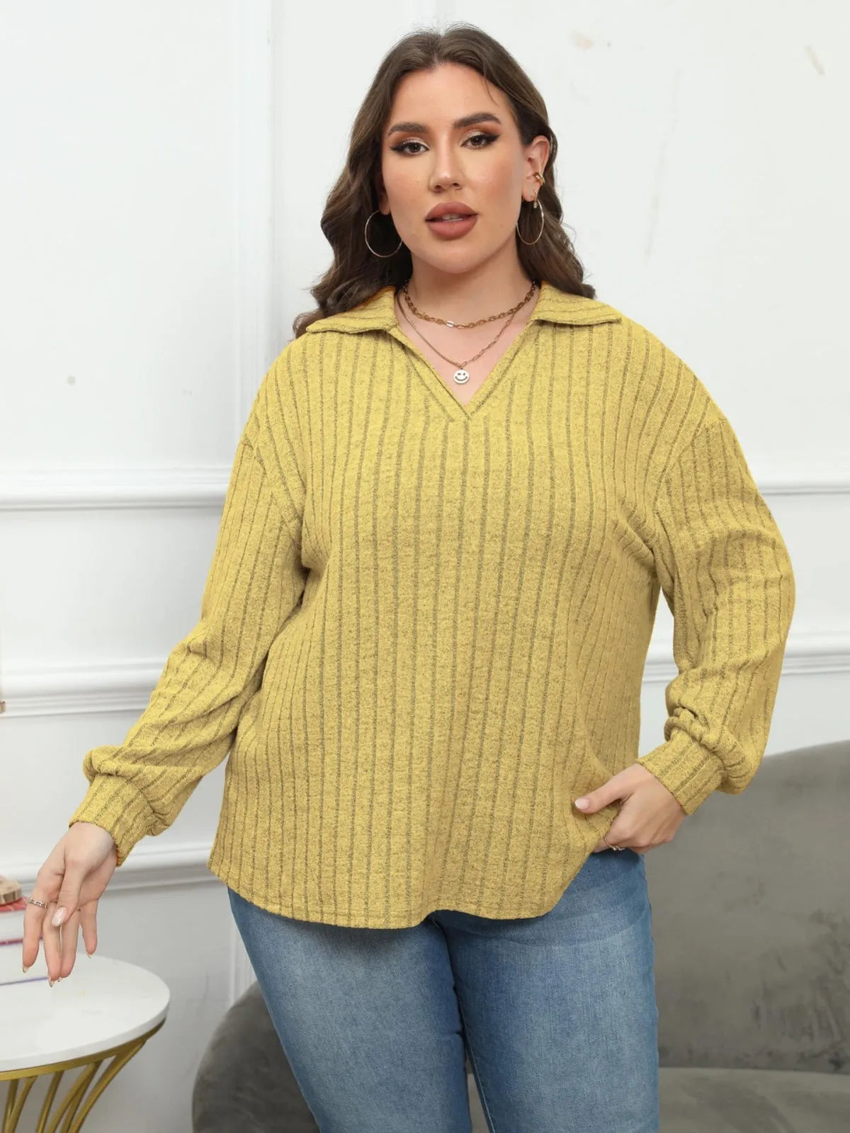 Women's plus size polo collar gothic shirt with lantern sleeves in melange gray fleece