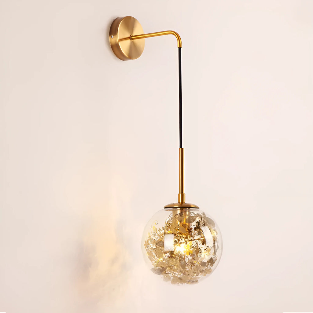 Glass shade wall lamp in golden or silver finish with 15cm or 20cm diameter for bedroom lighting