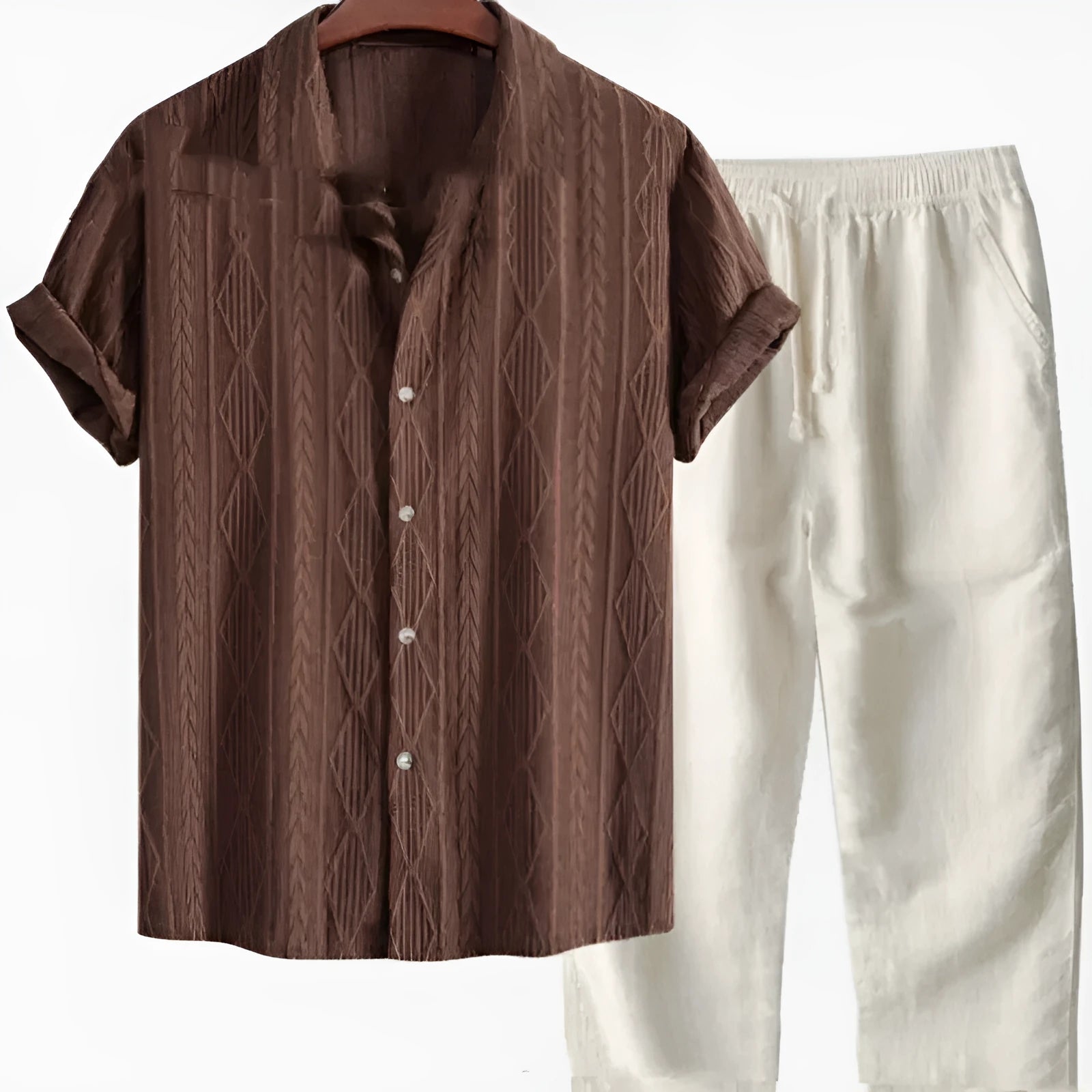 Men's loose fit summer shirt and trousers suit in polyester milk silk fabric available in six colours