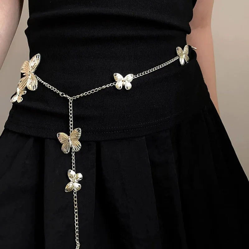 Gold butterfly waist chain with 104cm length and 40cm width on mannequin