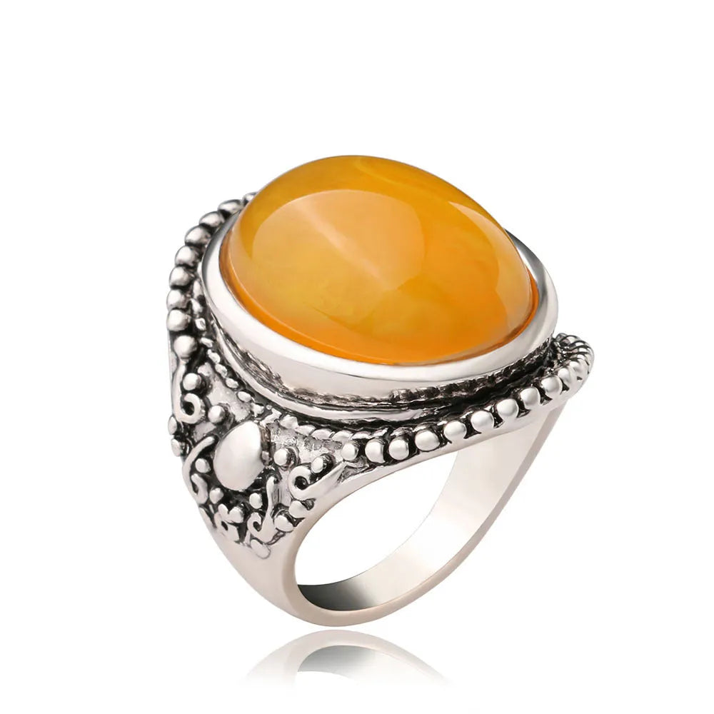 Retro geometry ring antique silver amber colour electroplated alloy jewellery