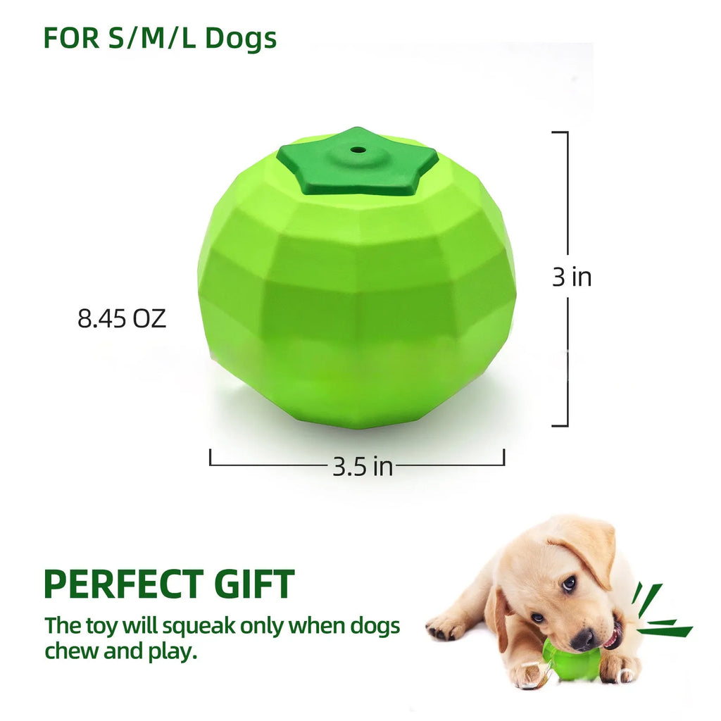 Green natural rubber squeaky ball dog toy for large dogs on a white background.