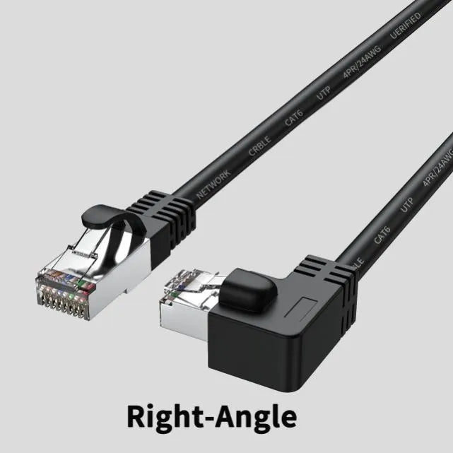 Cat6 Ethernet cable with right-angle RJ45 connector in multiple colour options including black, white, and red