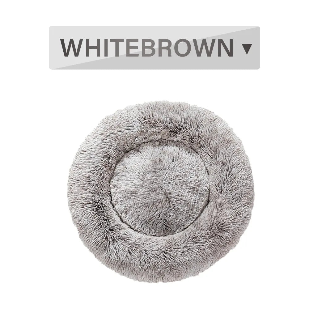 Donut-shaped long plush pet bed with raised sides, shown in a neutral colour.