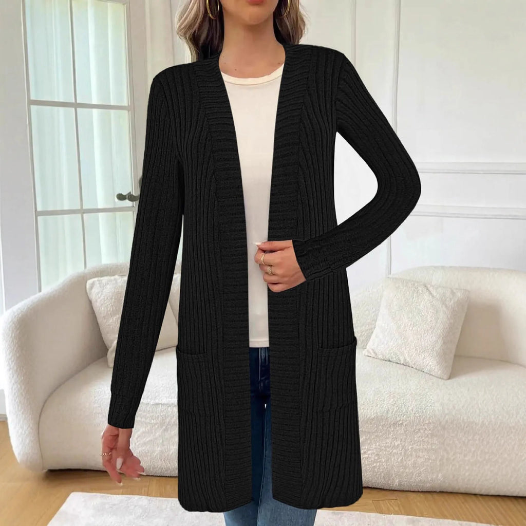 Long sleeve loose fit knitted cardigan jacket in black, grey, or wine red with pockets.