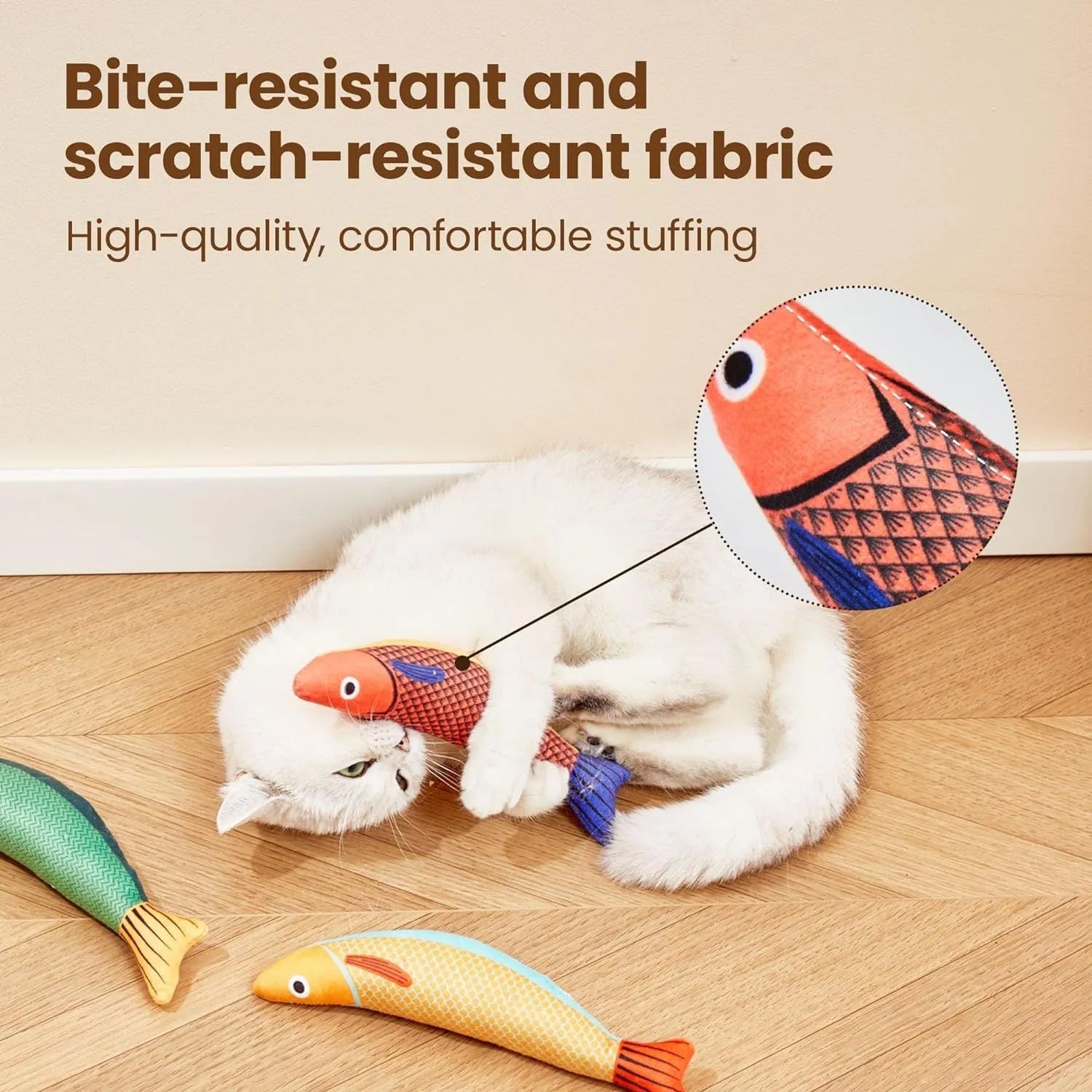 Green plush fish-shaped cat toy with organic catnip filling for kicking play