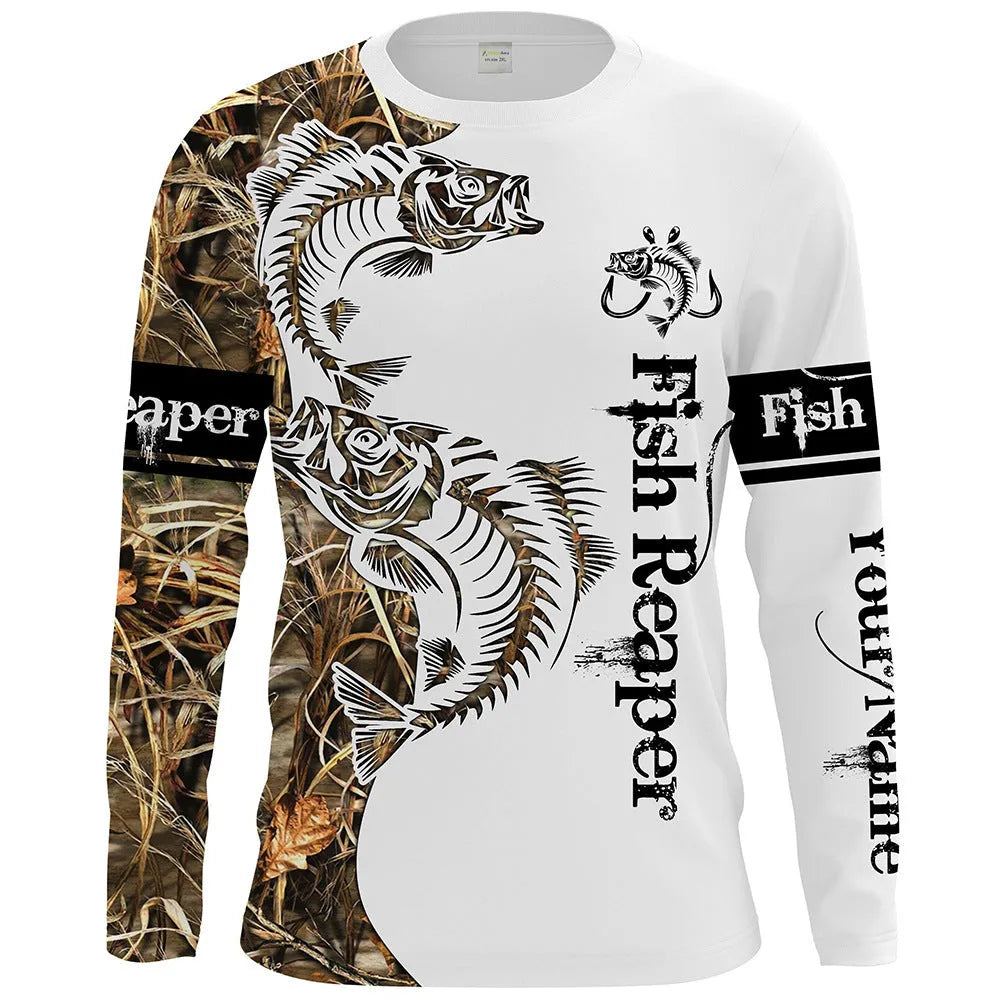 Men's grey round neck long sleeve pullover with a large colourful fish graphic print on the front.