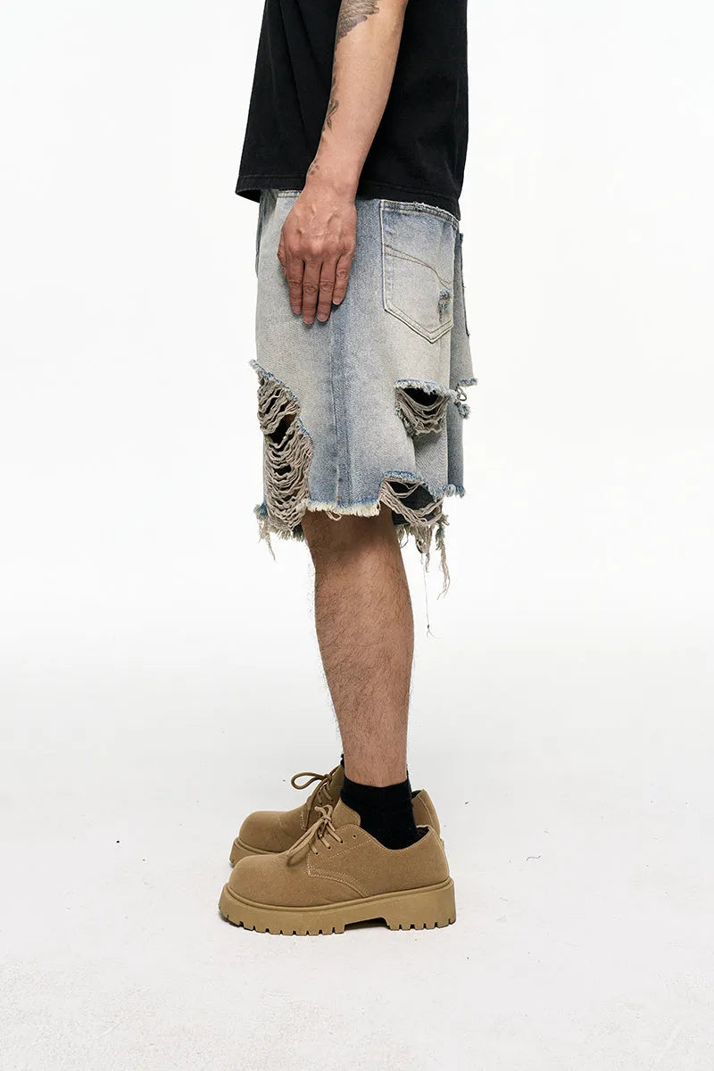 Men's light blue washed denim shorts with a baggy wide-leg fit and mid waist.