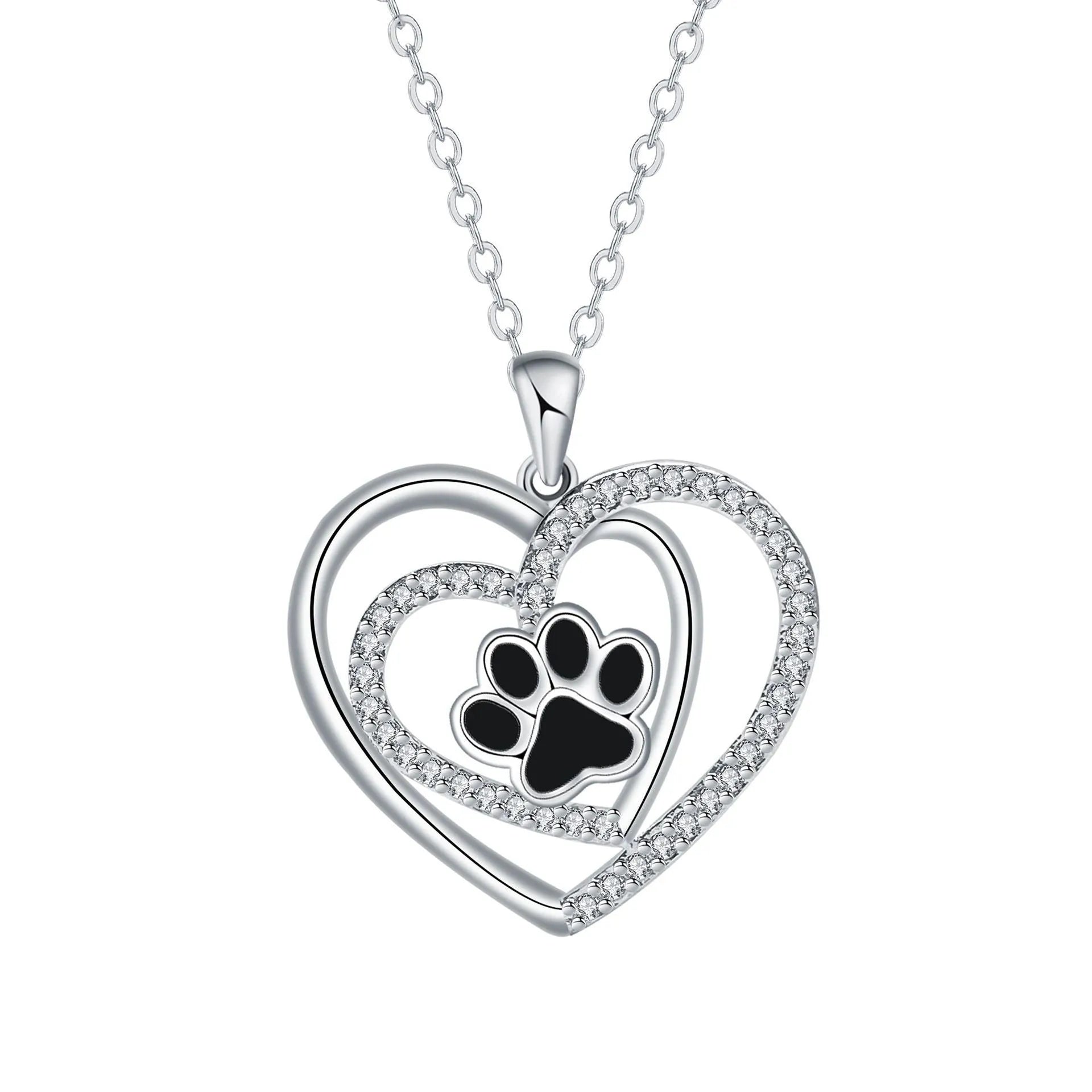Women's copper necklace with heart-shaped dog paw print pendant on a cross chain