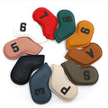 Set of 10 digitally printed golf club head covers in various colour designs