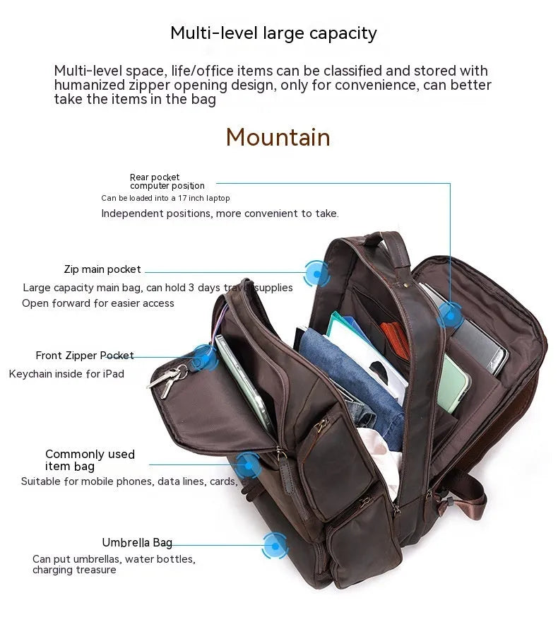 Dark brown genuine leather 17-inch laptop backpack with double shoulder straps and embossed finish