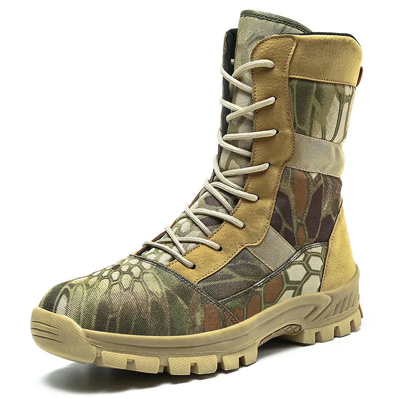 Men's black and camouflage high-top sports shoes with mesh construction in extended sizes