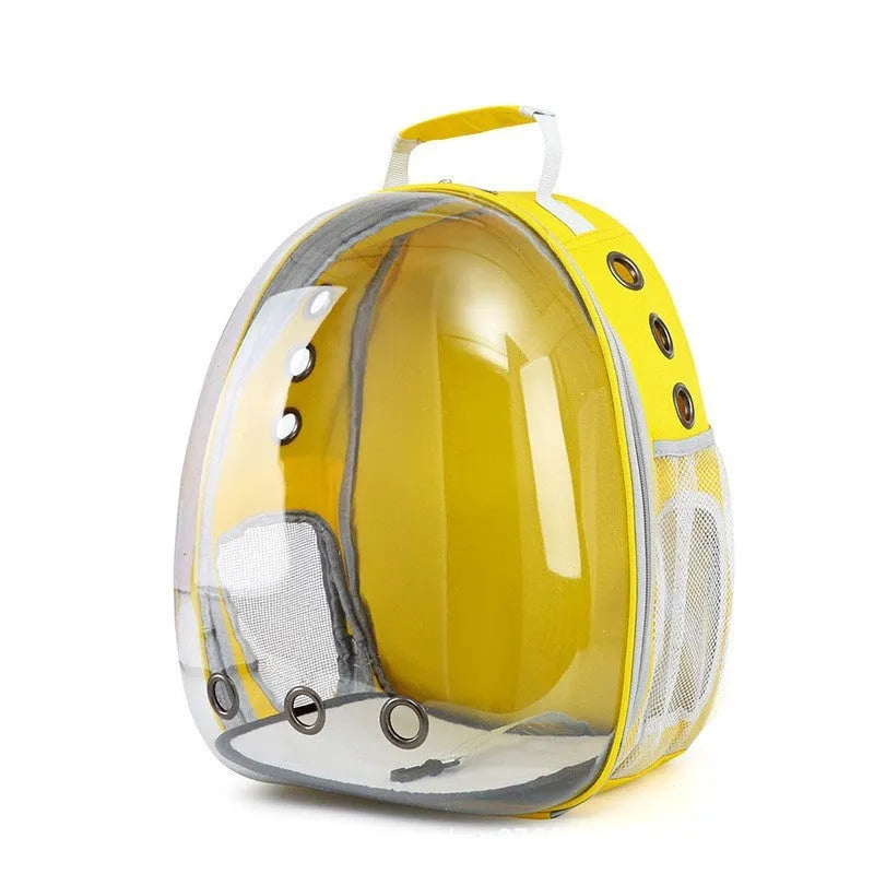 Grey astronaut-style structured cat carrier bag with a side-opening door