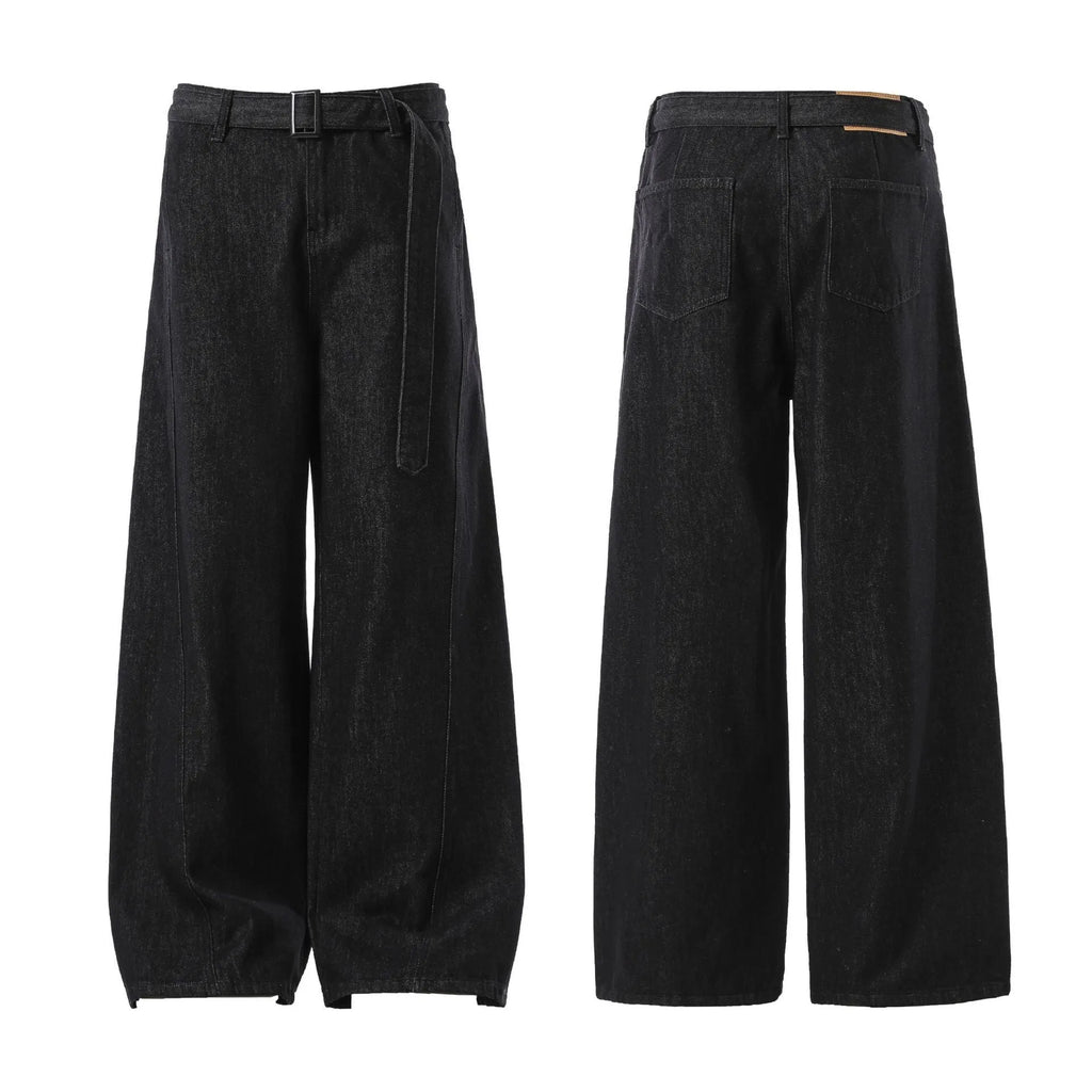Women's black gold high waist straight leg denim jeans on a hanger.