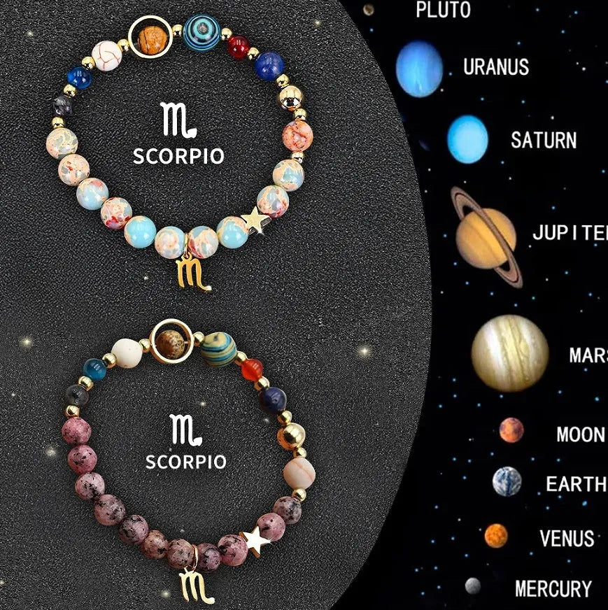 Set of twelve beaded bracelets with natural stone beads and sterling silver zodiac charms on a dark background.