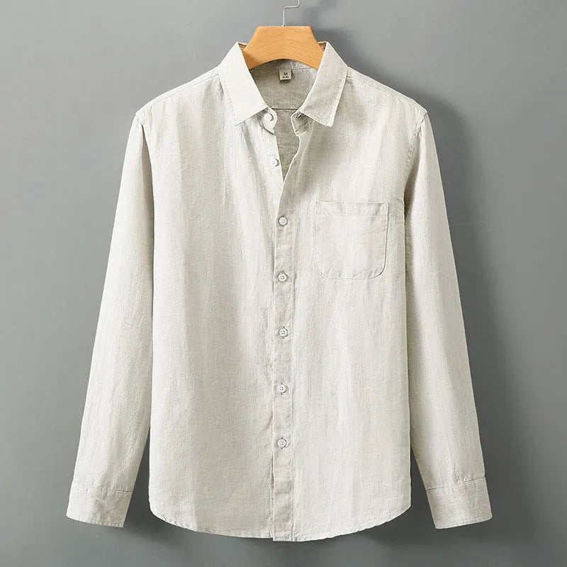 Linen long sleeve cardigan shirt in a loose Chinese style, shown in a solid colour.