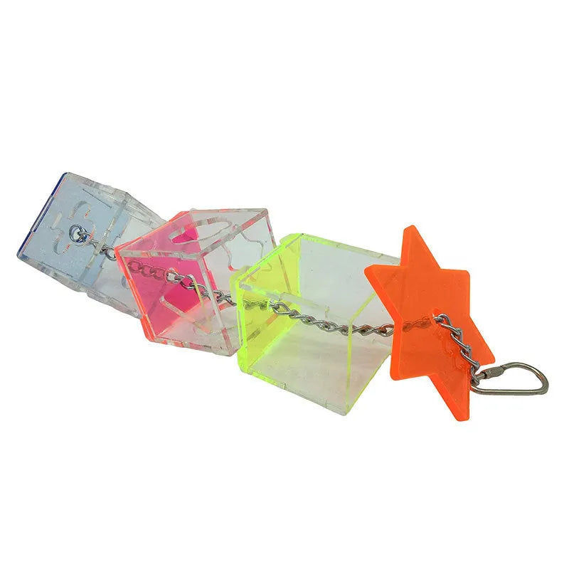 Clear acrylic parrot foraging toy for holding nuts and fruit, measuring 5x5x32 cm