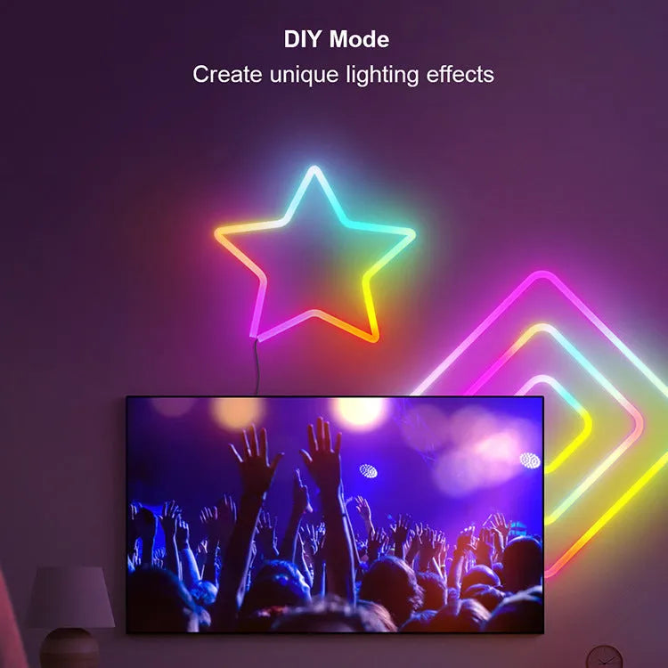 3 metre long RGB neon light strip showing colour-changing LEDs with remote control