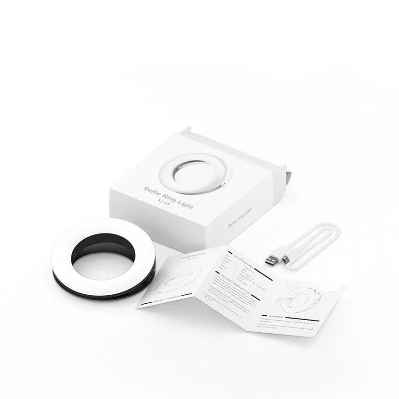 Compact 90mm LED selfie ring light with USB cable available in black pink and white for cell phone photography