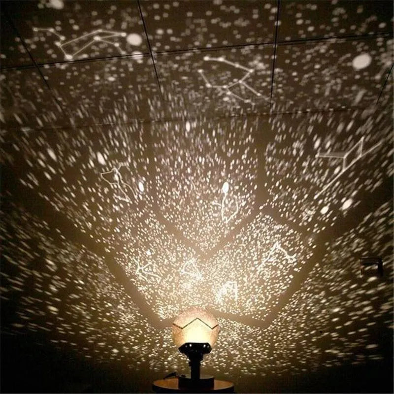 LED starry sky projector night lamp showing constellation projection on a bedroom ceiling.