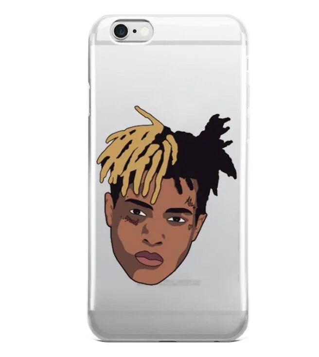 Transparent matte iPhone case featuring an Xxxtentacion graphic design, showing half-wrapped sides.