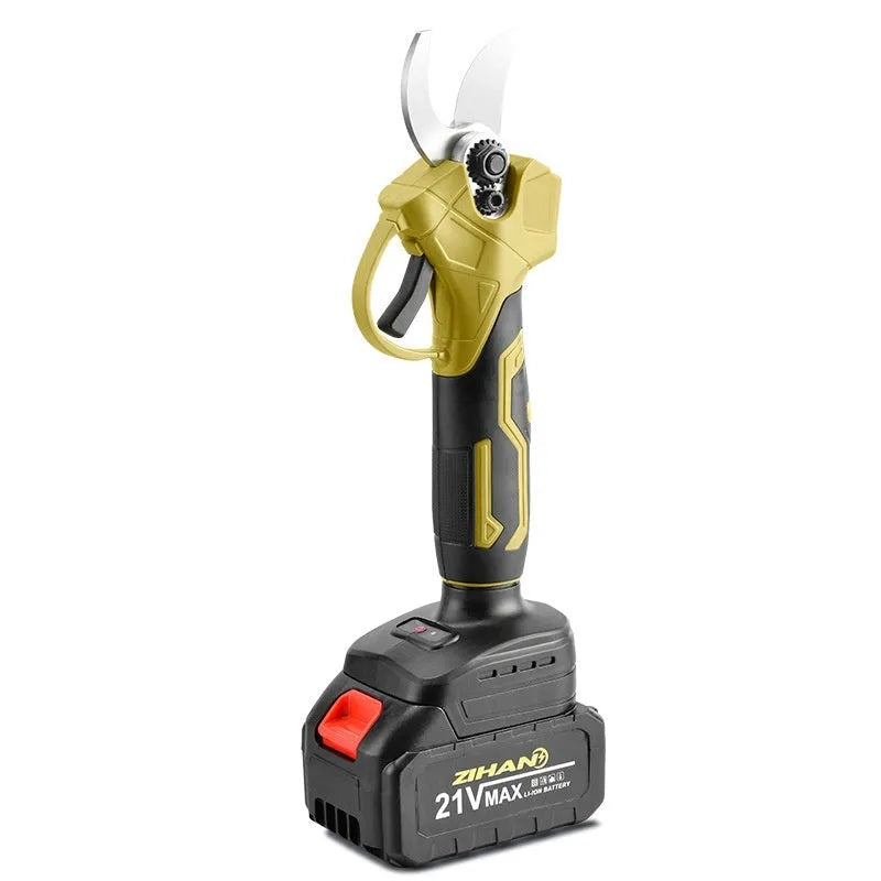Cordless electric pruning knife with lithium battery and plastic storage case for garden branch cutting.