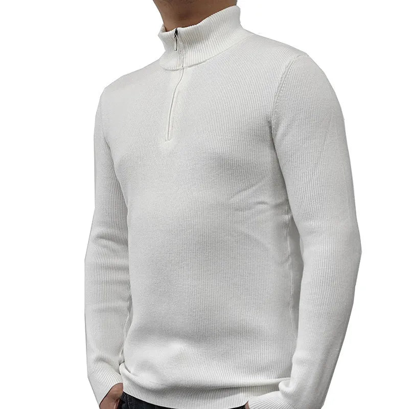 Men's half-turtleneck zip-front sweater in a cotton blend fabric, shown in multiple colours.