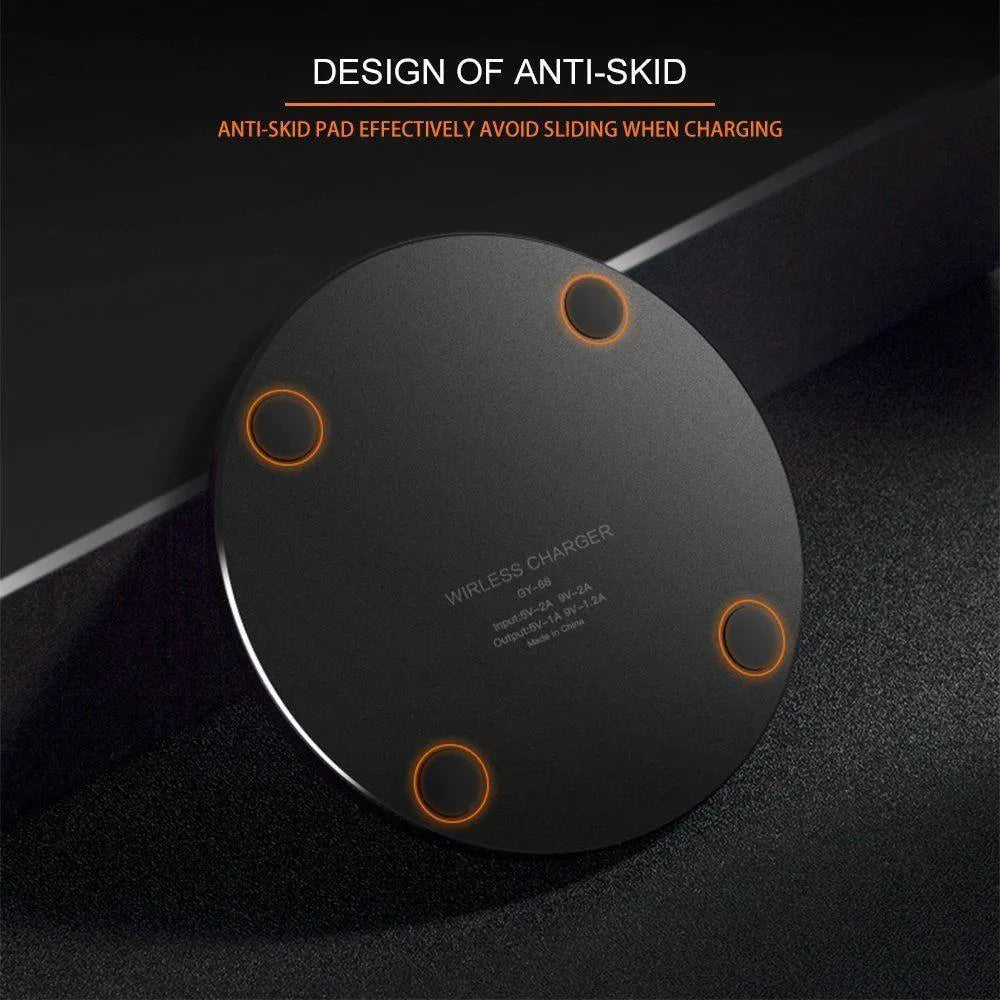Ultra-thin matte black wireless charging pad with 9V fast charging and 98mm square dimensions