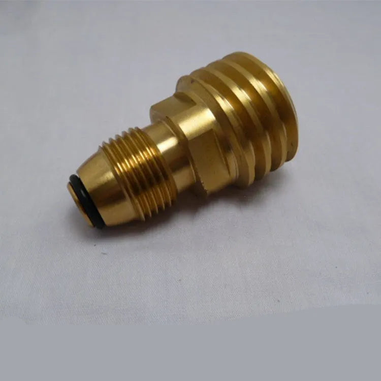 Brass gas brazier adapter with gold finish, showing taper external thread.