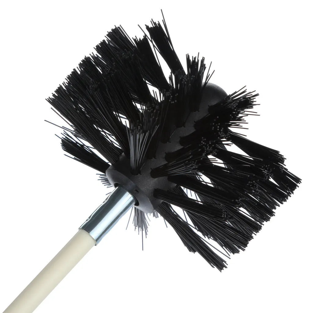 Flexible chimney and dryer vent cleaning brush with nylon bristles, shown bent.