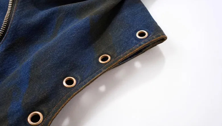Blue hooded denim vest coat and matching trousers set with front zip closure