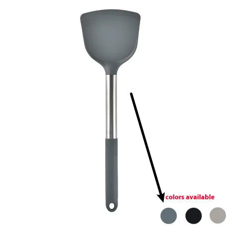 Silicone kitchen utensil set with 12 pieces including spatula, turner, ladel, and food clip in rotating storage bucket