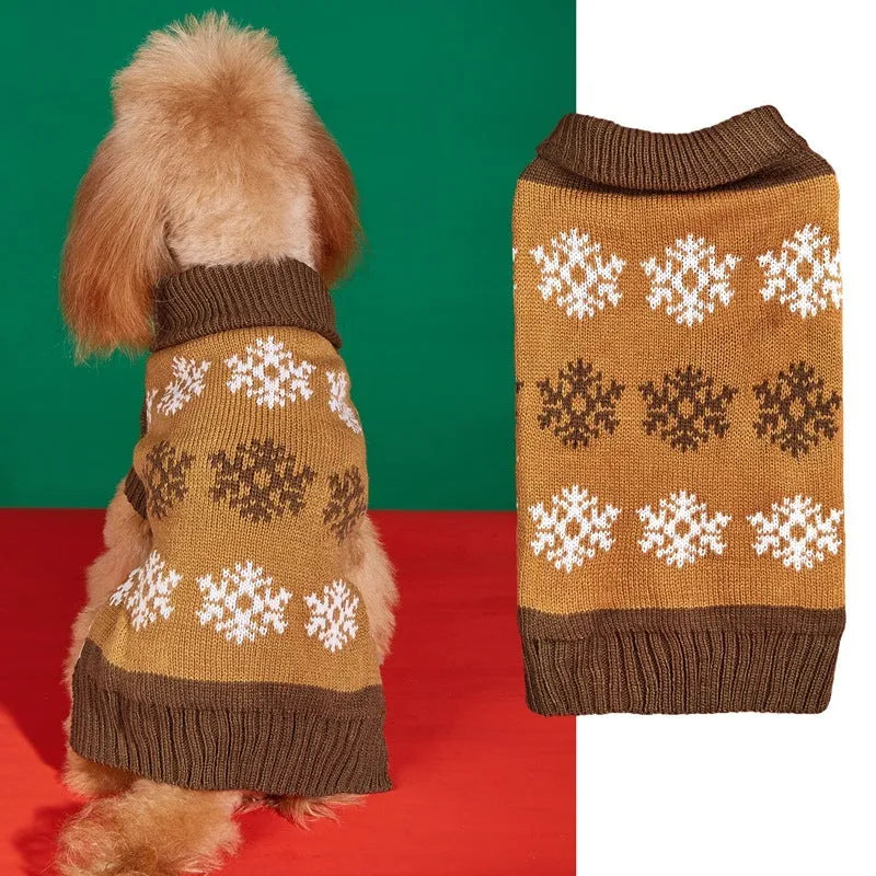 Grey and brown snowflake patterned acrylic knit dog sweater for Christmas and winter wear.
