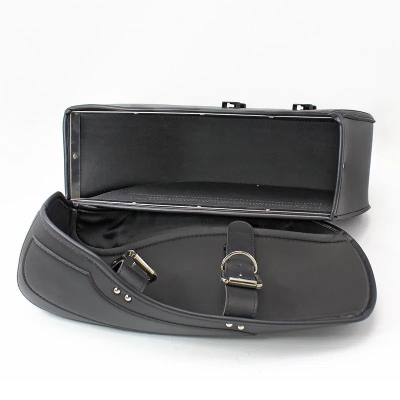 Black retro style PU leather motorcycle saddle bag mounted on a bike side.