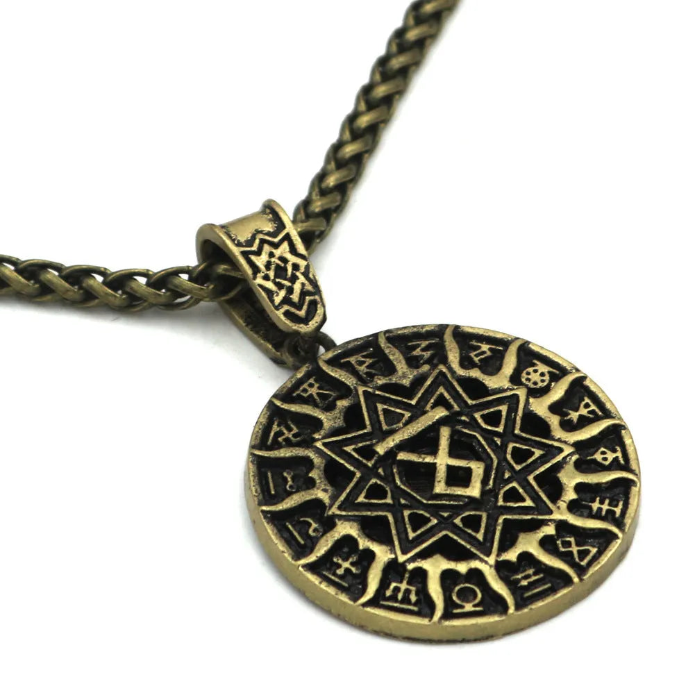 Lunavin ODing logo pendant necklace with snake bones chain and leather rope options in antique silver finish