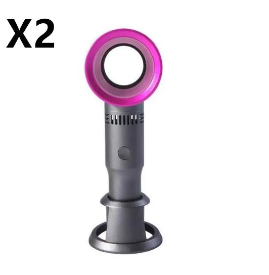 A portable bladeless desk fan with a modern design, shown on its base with a USB cable, available in multiple colours.