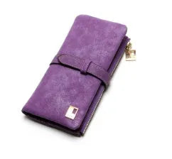 Vertical women's long wallet in retro matte Pu leather with zip closure showing interior card slots and phone pocket
