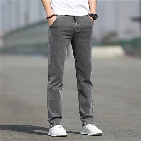Men's smoky gray straight leg jeans with low waist and zip fly made from elastic rabbit fur fabric