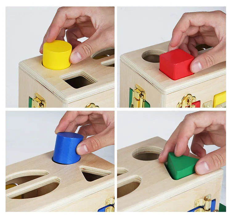 Wooden shape sorting lock box educational toy for preschool children with colourful shapes