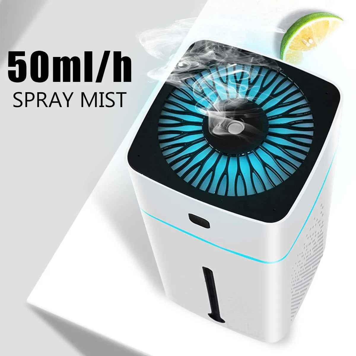 Black or white desktop humidifier with USB cable, 1000ml water tank, dimensions 103mm x 103mm x 218mm.