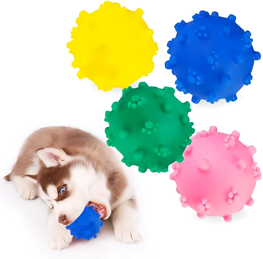Four brightly coloured spiked dog toy balls with paw print dimples for small breed dogs