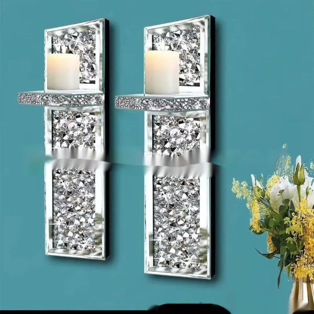 Silver mirror glass wall hanging candle holder pair for living room decoration