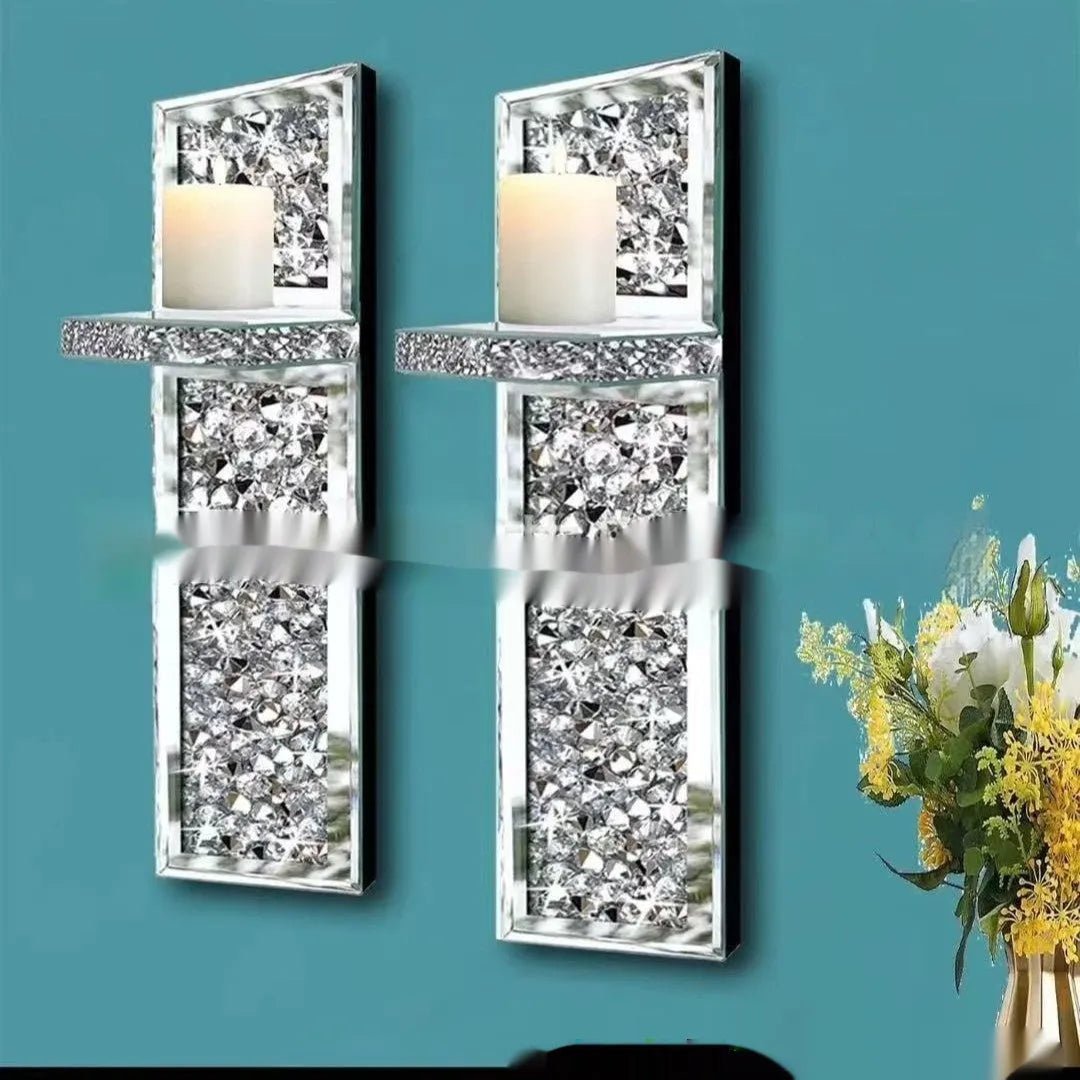 Silver mirror glass wall hanging candle holder pair for living room decoration