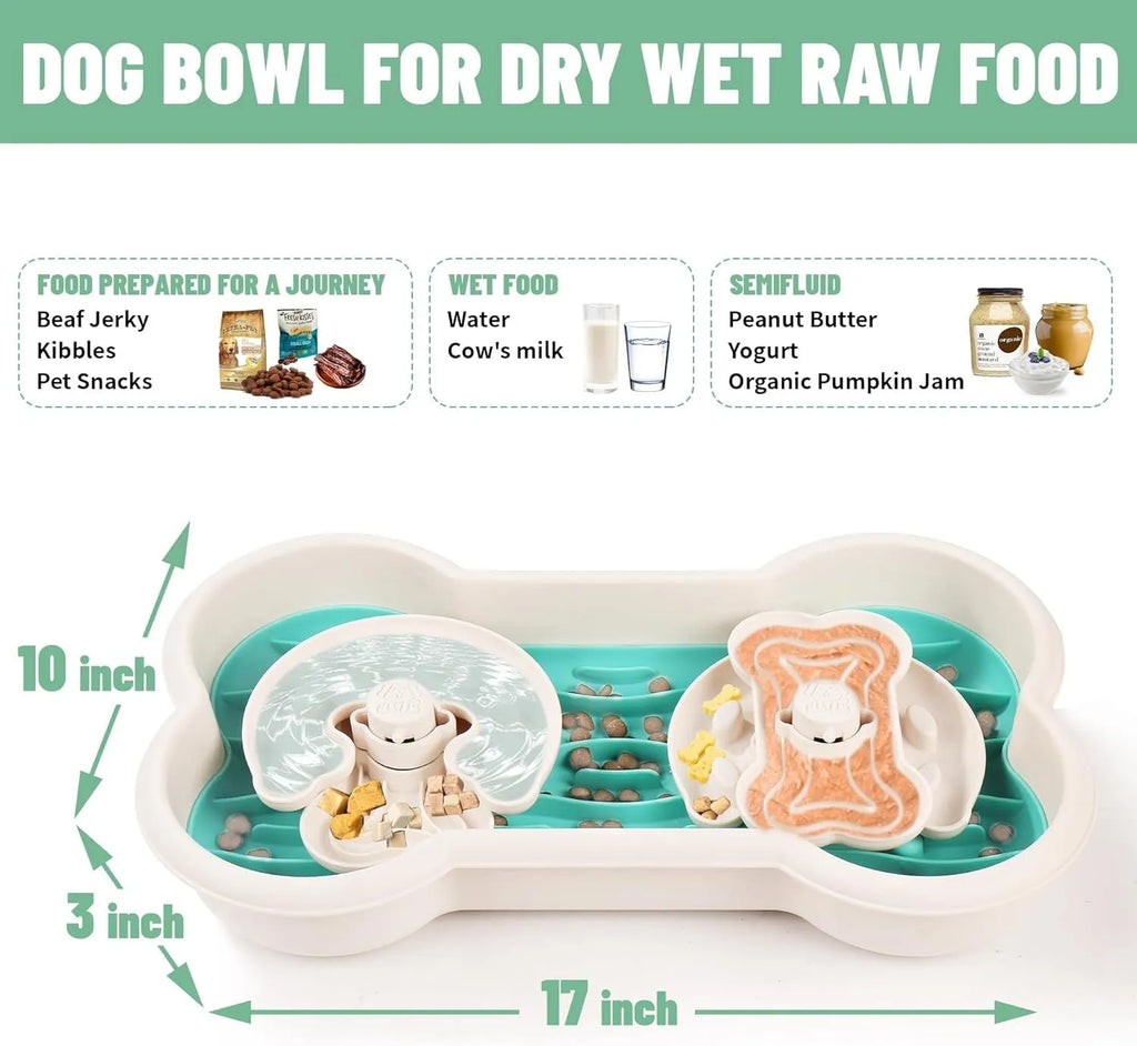 Large green dog slow feeder bowl with three puzzle trays and anti-slip suction cups