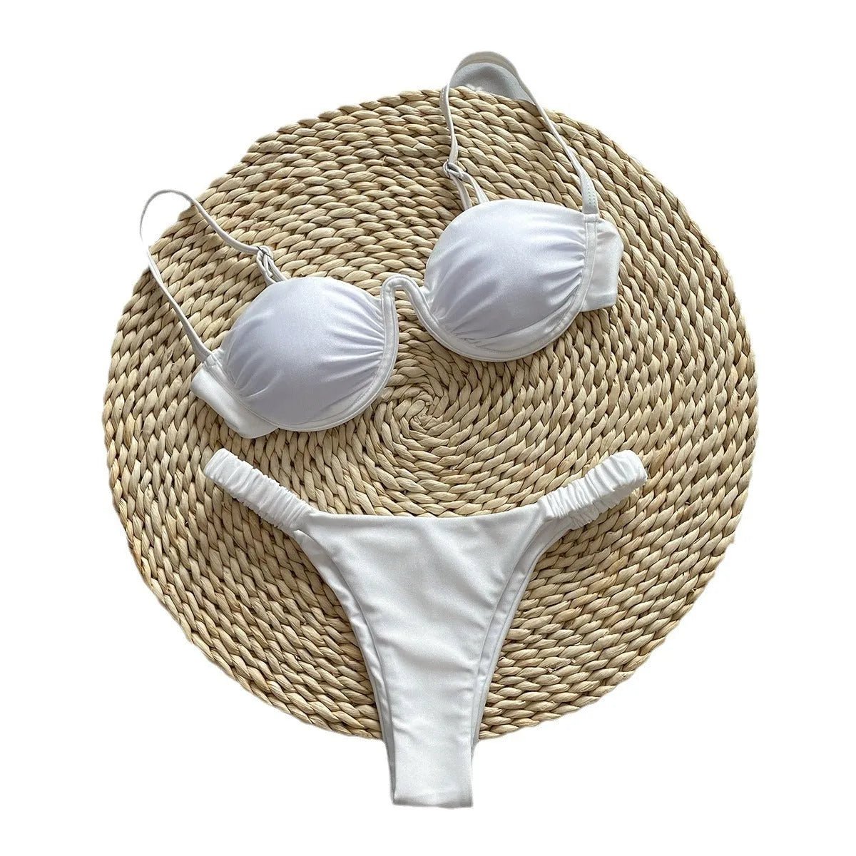 Women's underwire bikini swimsuit in black, khaki and white colours with European styling