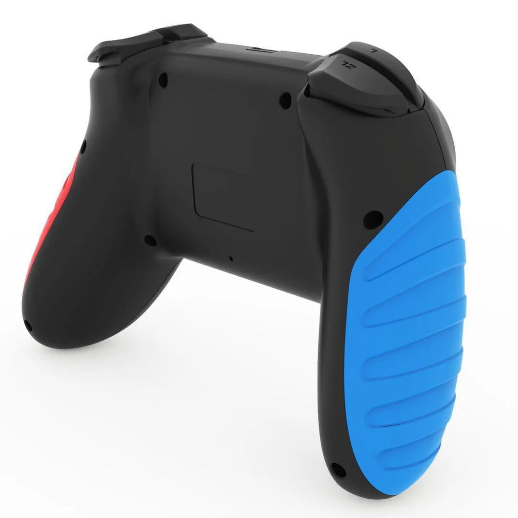 Red and blue wireless Bluetooth gamepad controller for Nintendo Switch and PC on a colour box.