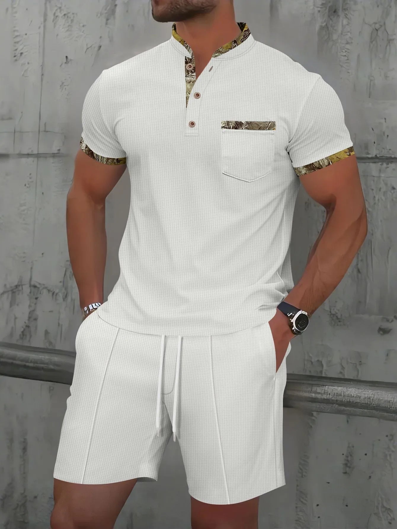 Men's gray short sleeve zip-up polo collar top with matching shorts, a cotton blend summer suit set.