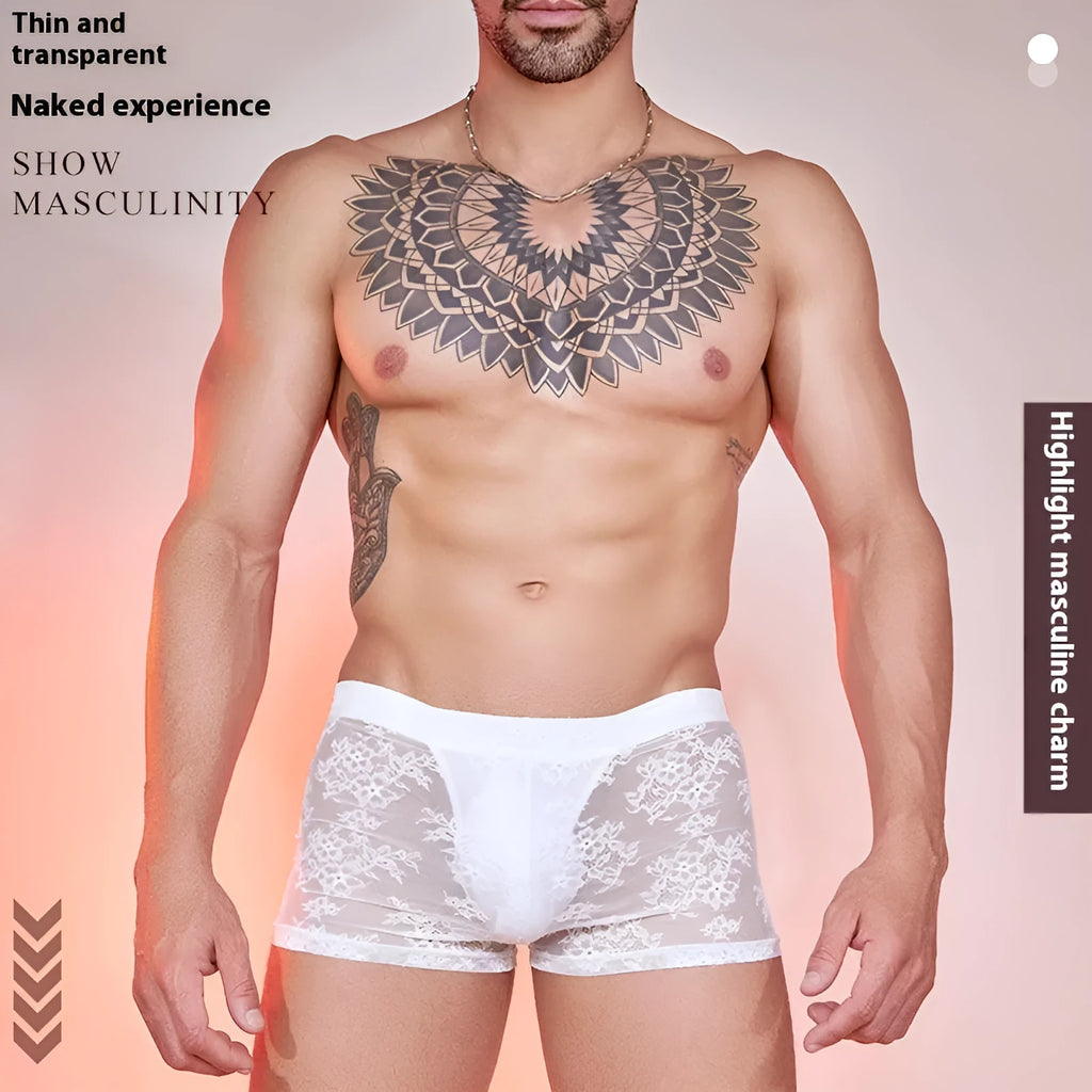 Men's black boxer briefs with white lace trim on the leg opening.