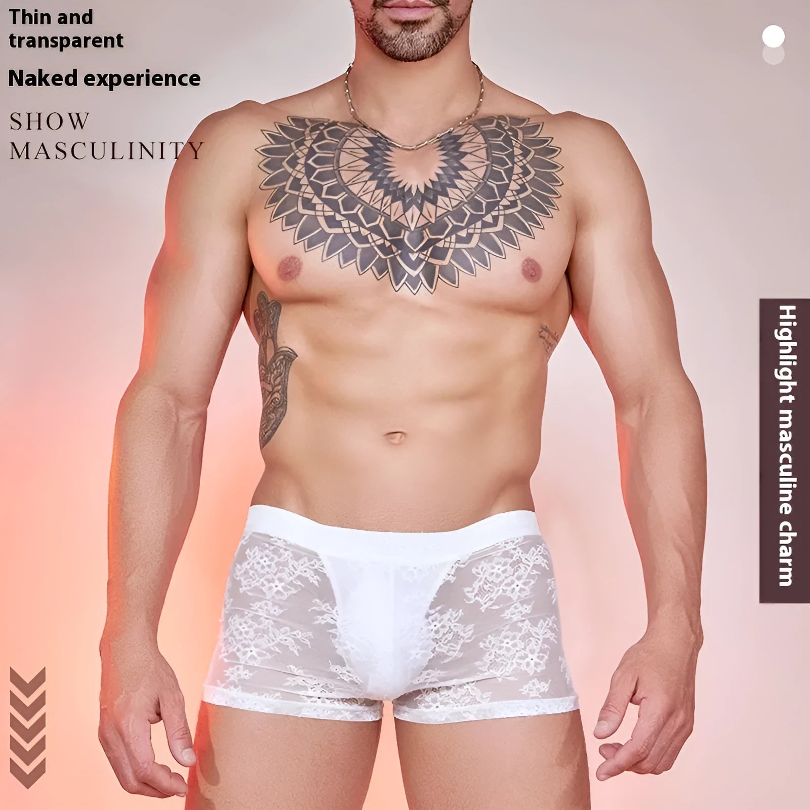 Men's black boxer briefs with white lace trim on the leg opening.