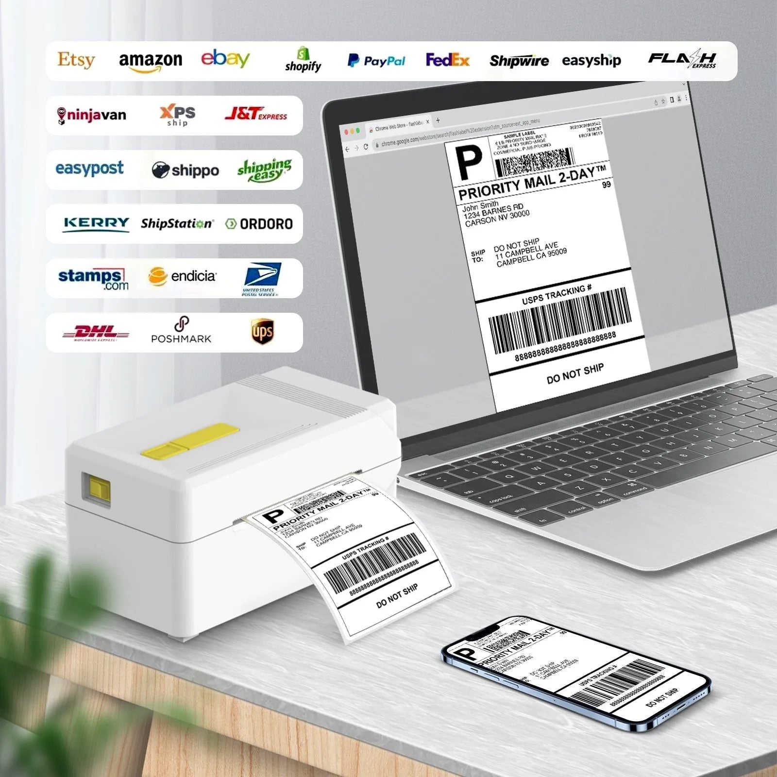 FlashLabel thermal express order label printer with USB cable on a desk